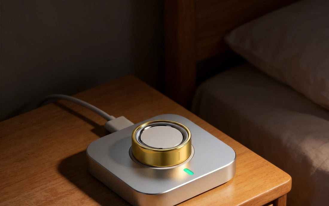 Oura Ring with a slim cover charging on a bedside USB-C dock
