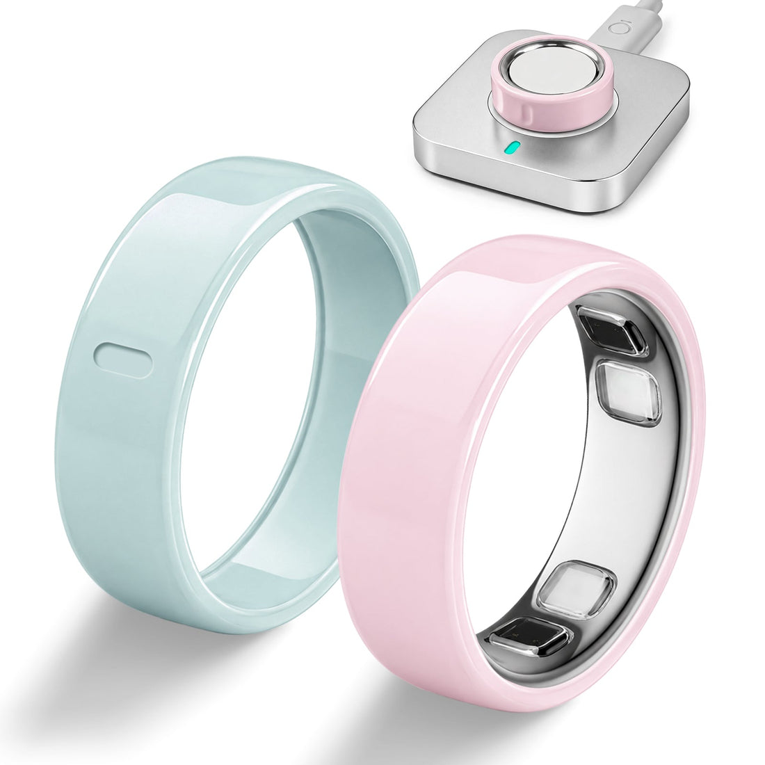 Soft pink and mist green ceramic-color covers shown with Oura Ring 5