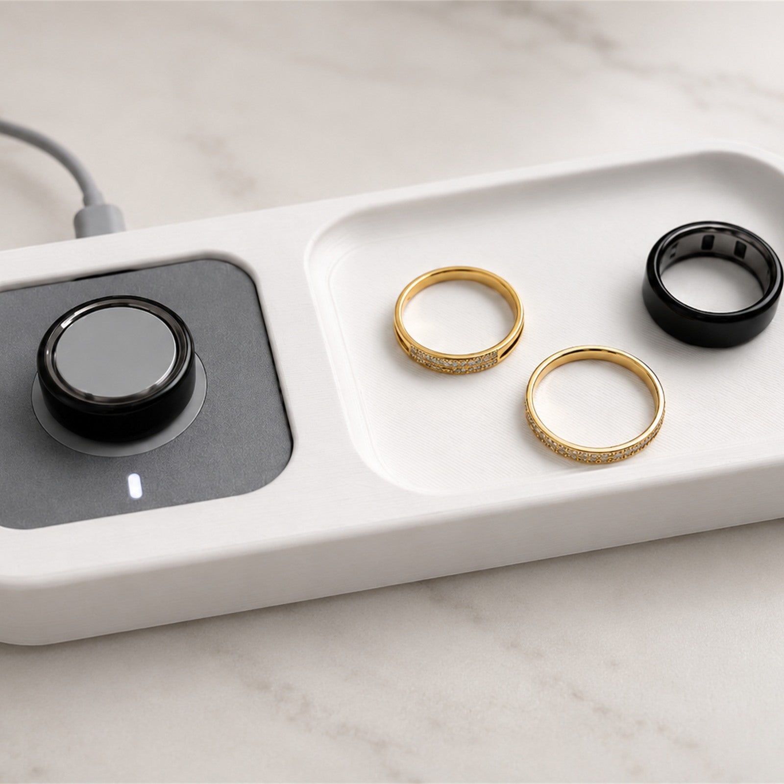 Close detail of Bandsmith Oura Ring charger holder storage tray
