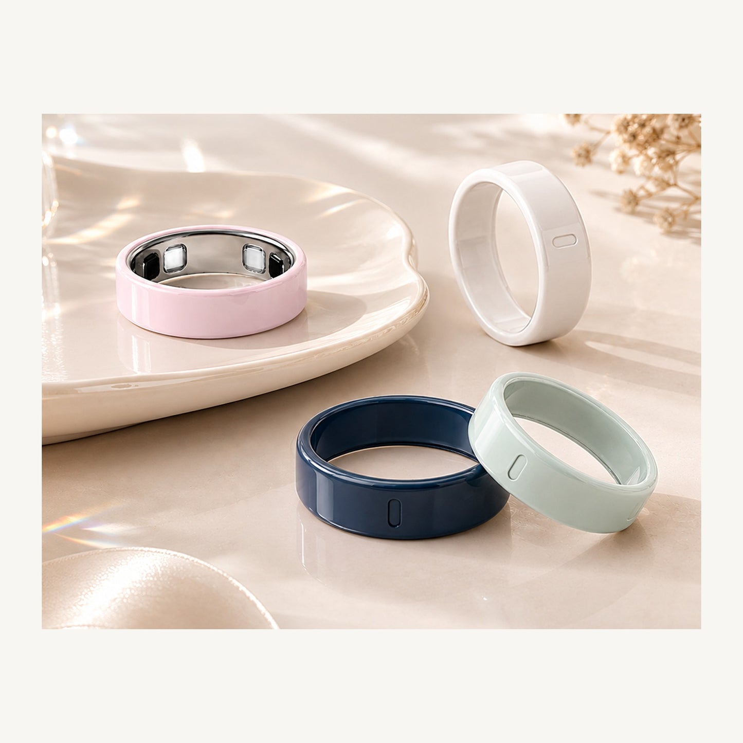 Four ceramic-color TPU cover options for Oura Ring 5: Cloud, Petal, Tide, and Midnight