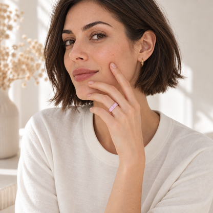 Petal ceramic-color TPU cover for Oura Ring 5 worn by a short-haired model