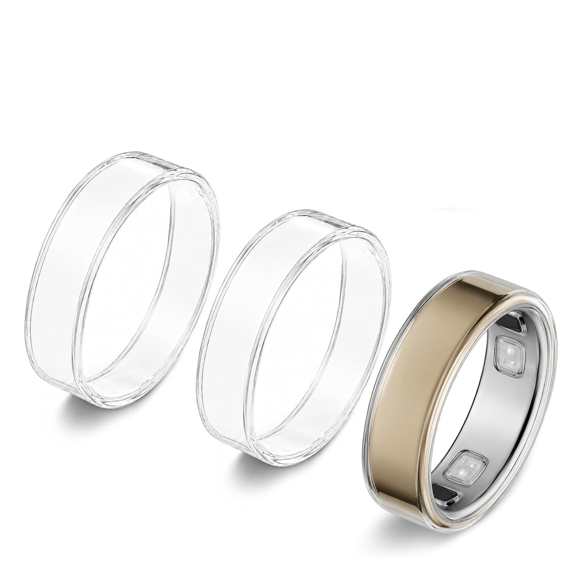 Three transparent 0.5mm TPU covers for Oura Ring 5, with a gold ring shown inside one clear cover