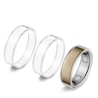 Three transparent 0.5mm TPU covers for Oura Ring 5, with a gold ring shown inside one clear cover