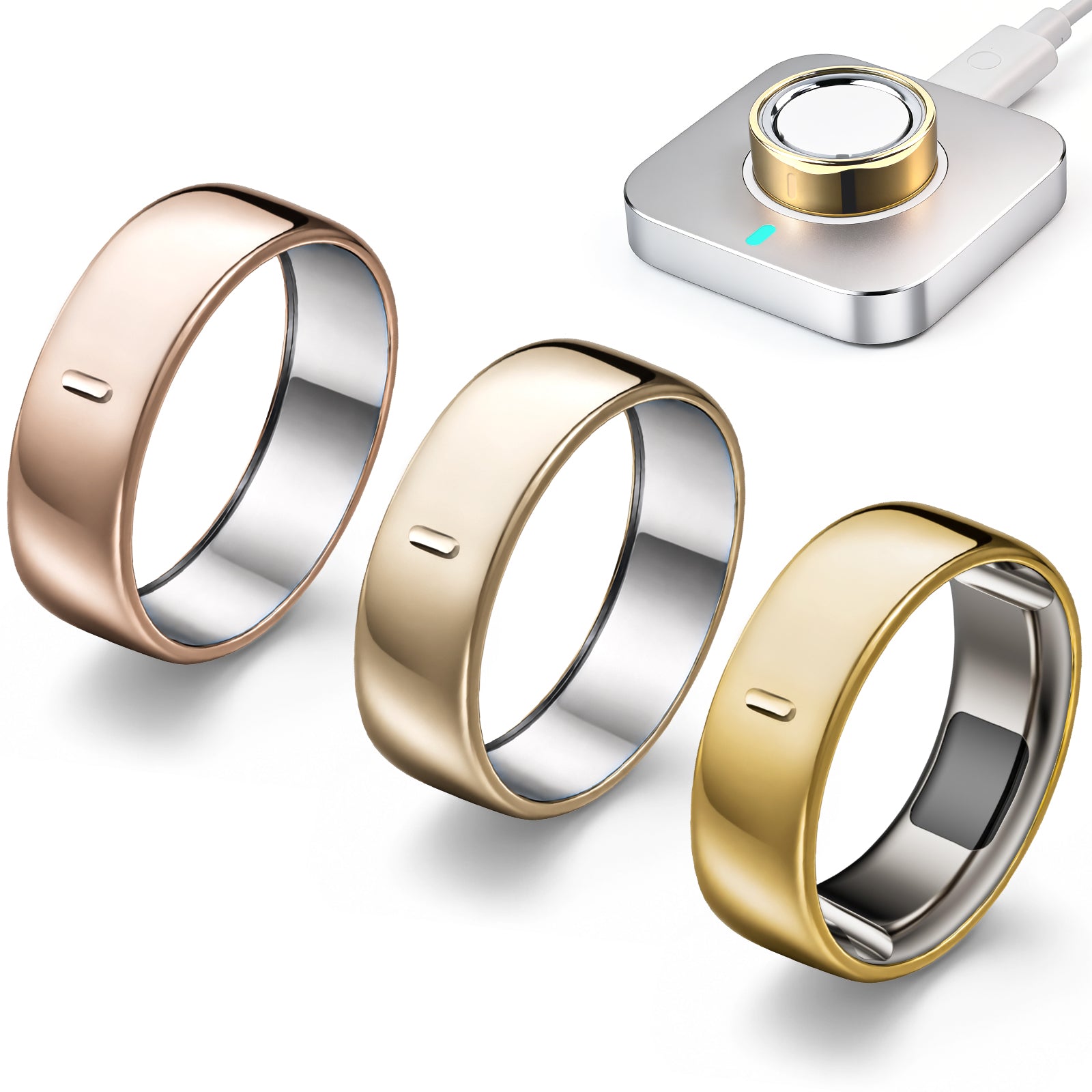 Gold, silver and rose-tone Bandsmith metallic TPU covers for Oura Ring 5