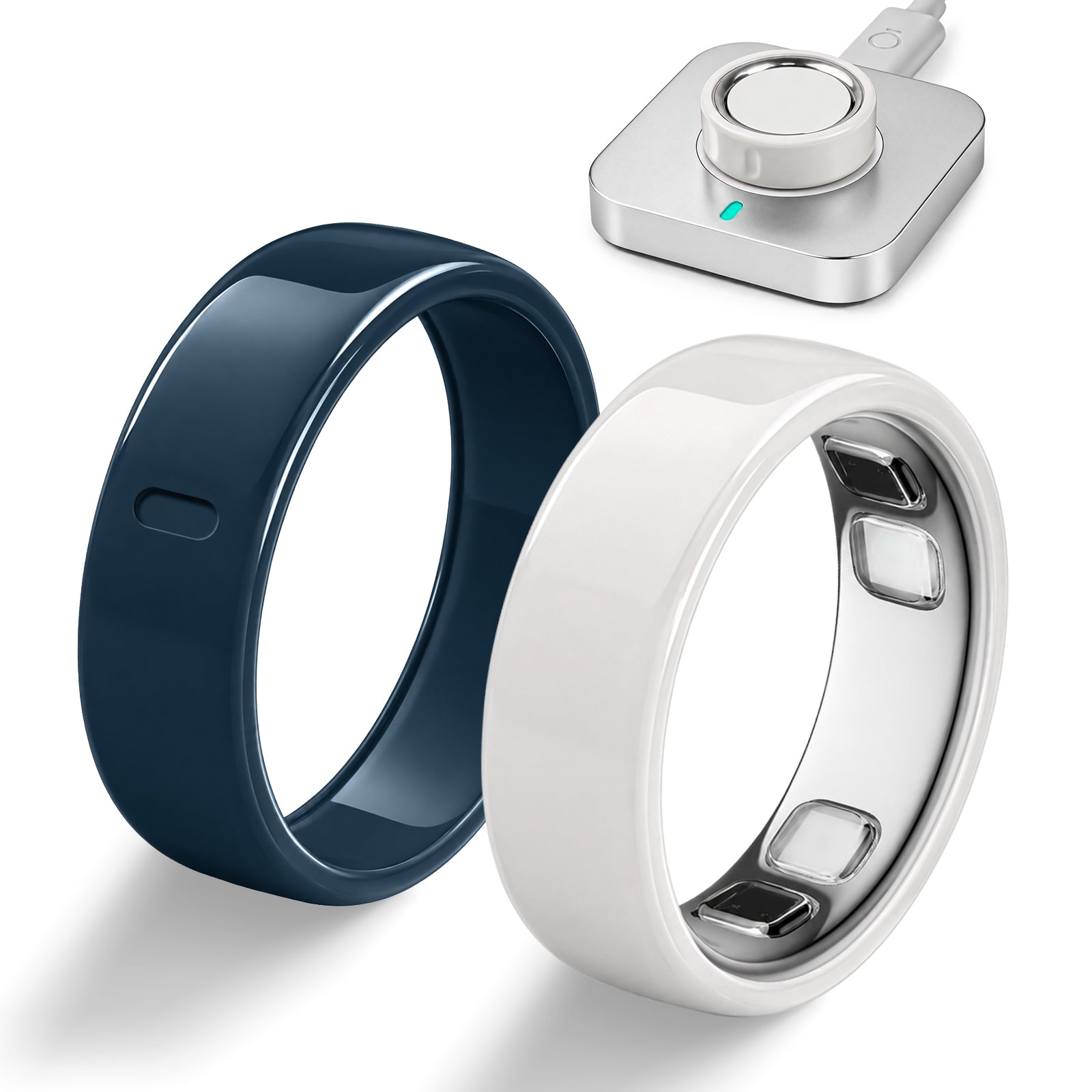 Cloud white and deep navy ceramic-color covers shown with Oura Ring 5